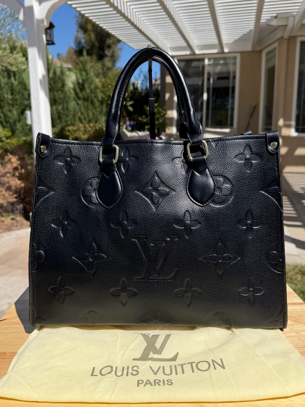 NEW LV Print Large Black Embossed Monogram OnTheGo GM Size Satchel Handbag Purse